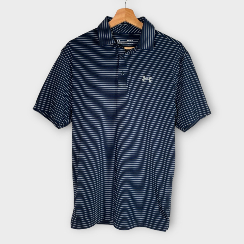 🦜 Under Armour Heatgear Polo Shirt Mens MEDIUM Blue Striped Polyester Golf